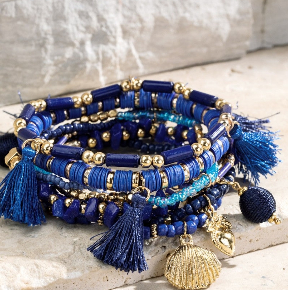 Super Blue Boho Chic Multi Layered Stretch Bracelet Set w/ Golden Charms - Picture 3 of 3